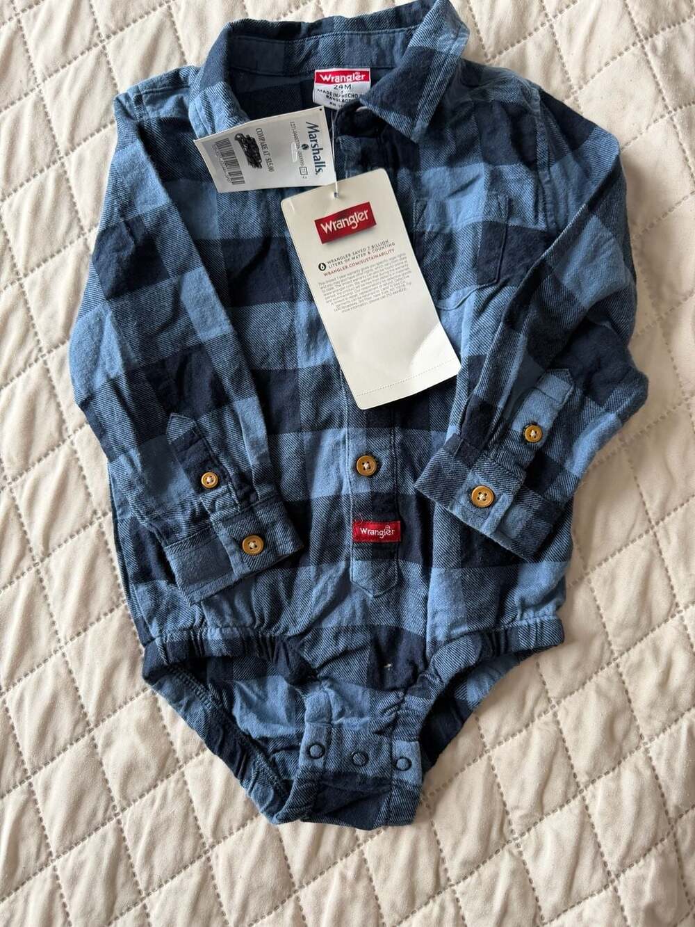 Wrangler Plaid Flannel Bodysuit Size 24M Blue Long Sleeve